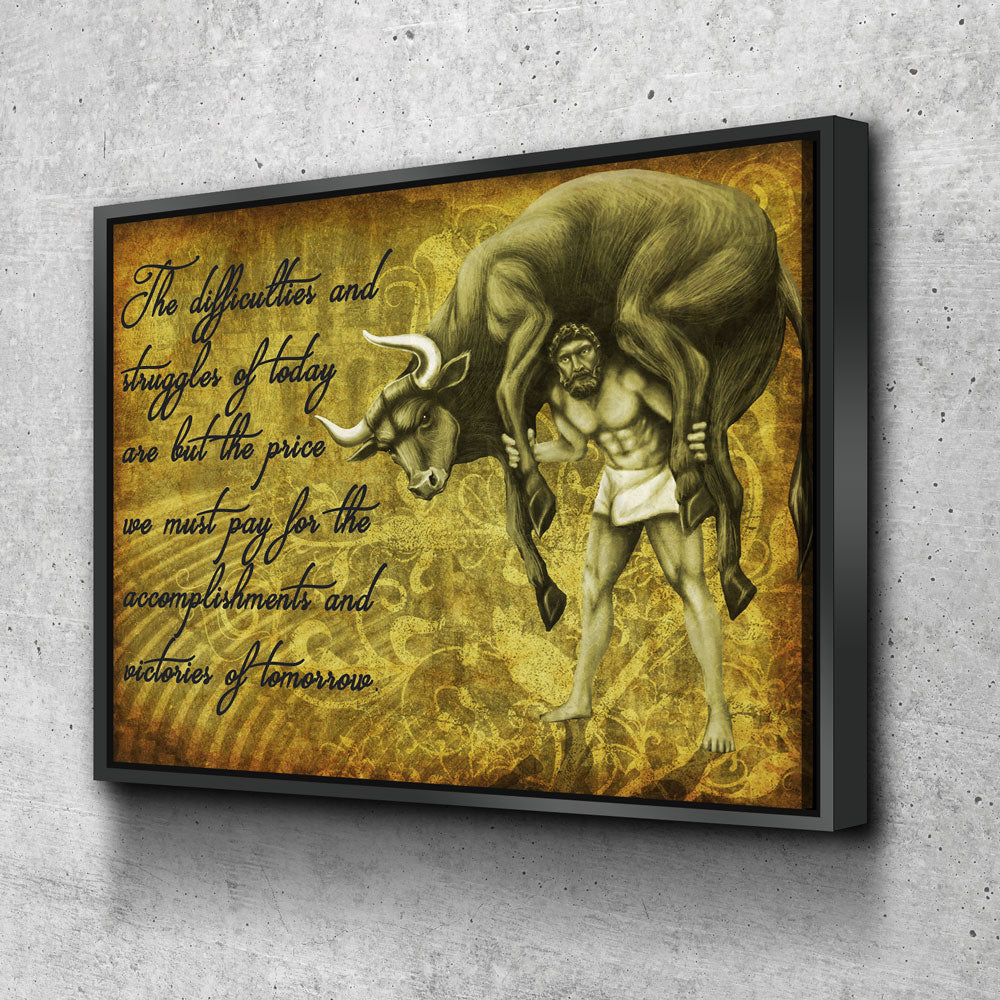 Milo Of Croton Olympian Greek Culture Canvas Wall Art, Milo The Olympic Wrestler Quote On Canvas Floating Frame