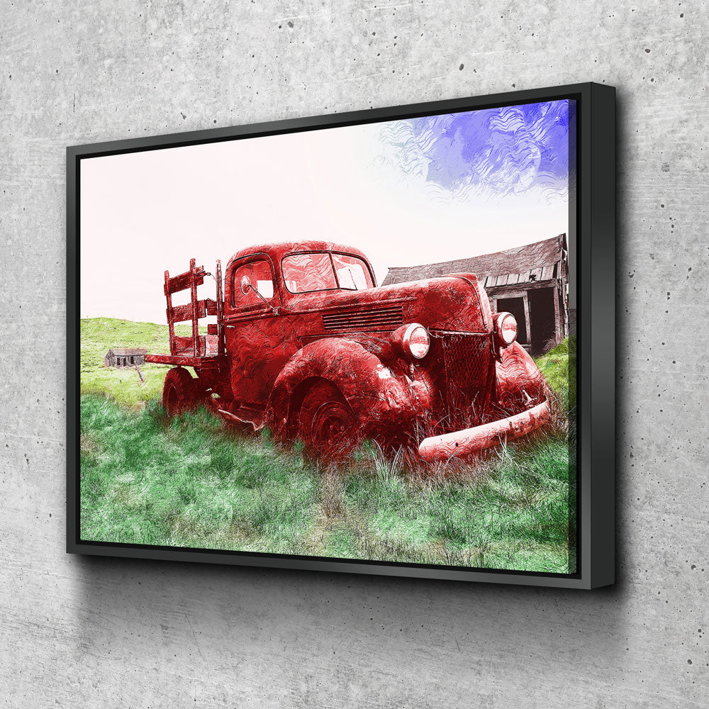 Old Red Farm Truck Abstract Canvas Wall Art, Old Farm Truck Art With Floating Frame