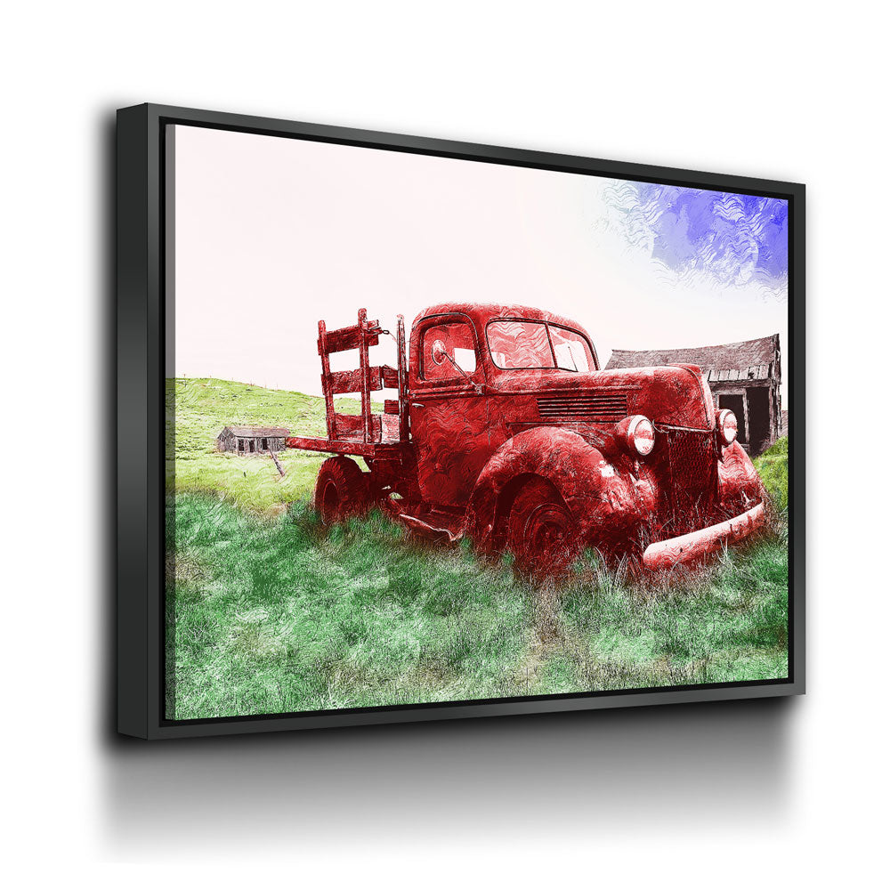 Old Red Farm Truck Abstract Canvas Wall Art, Old Farm Truck Art