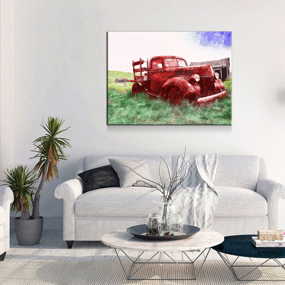 Old Red Farm Truck Abstract Canvas Wall Art, Old Farm Truck Art