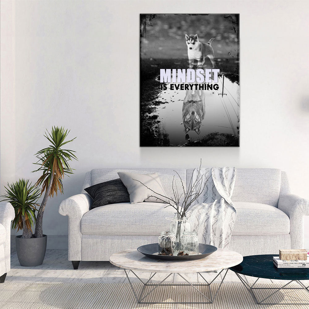 Mindset Is Everything Canvas Wall Art, Motivational Decor, Husky & Wolf Reflection