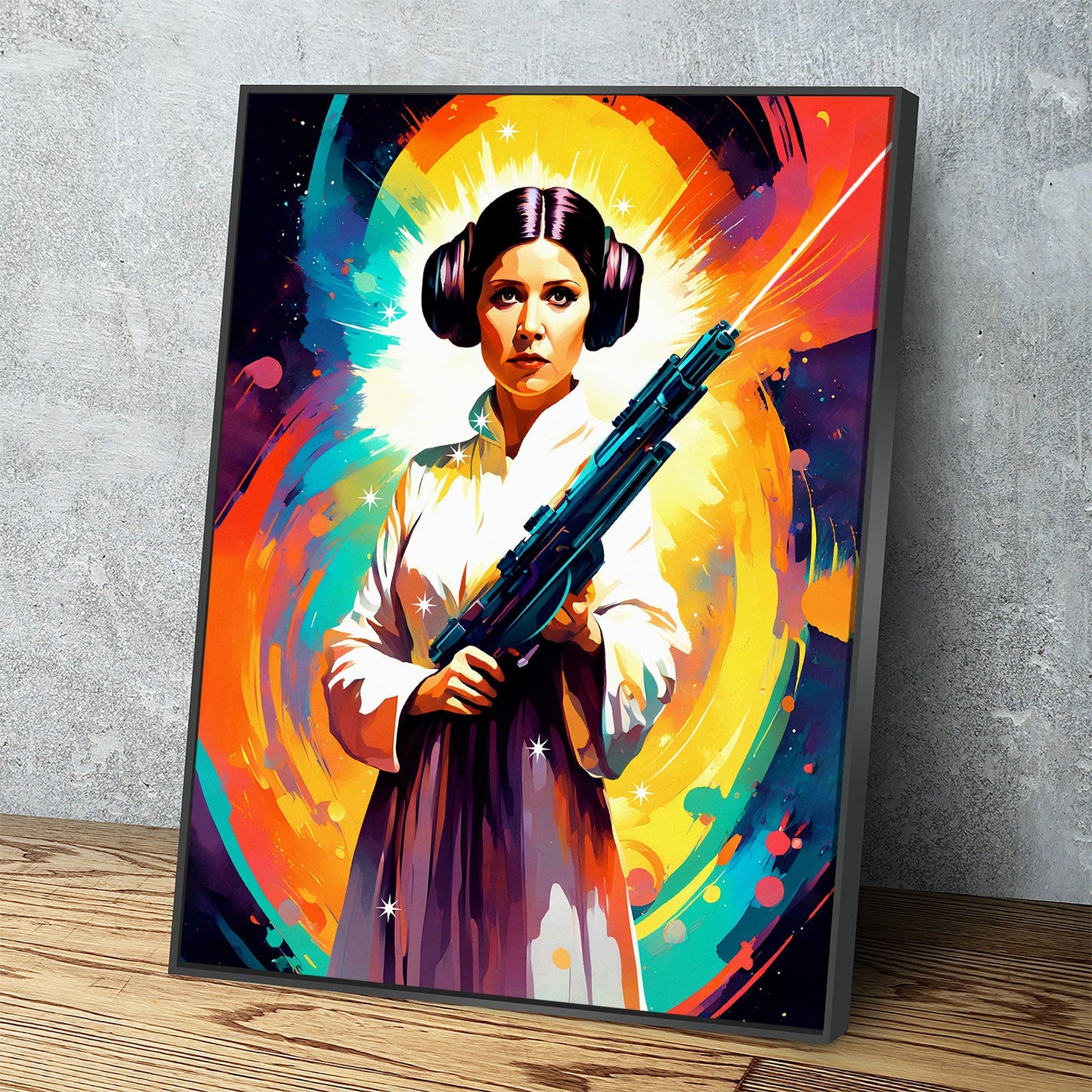 Abstract Princess Leia Canvas Wall Art, Colorful Princess Leia Print Black Floating Frame