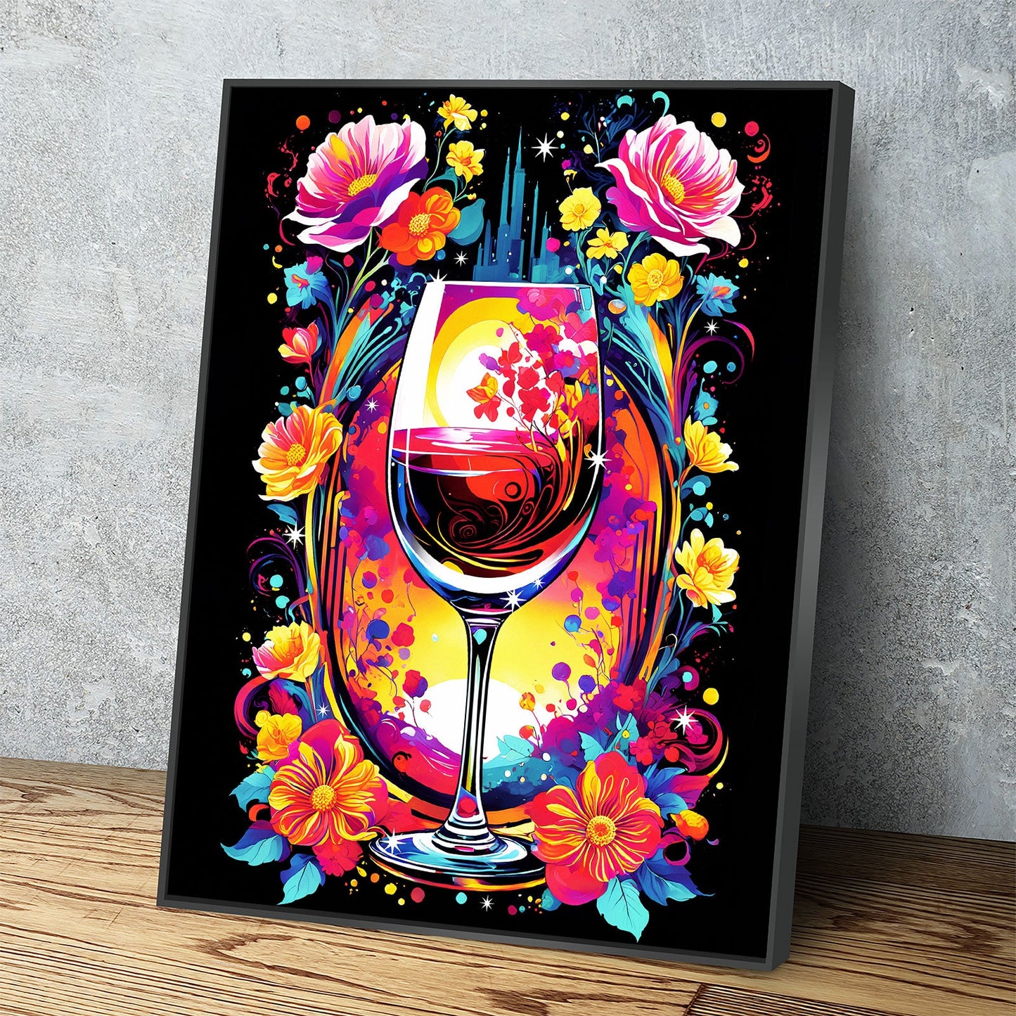 Smell The Flowers Canvas Wall Art, Abstract Wine And Flowers Print Black Floating Frame