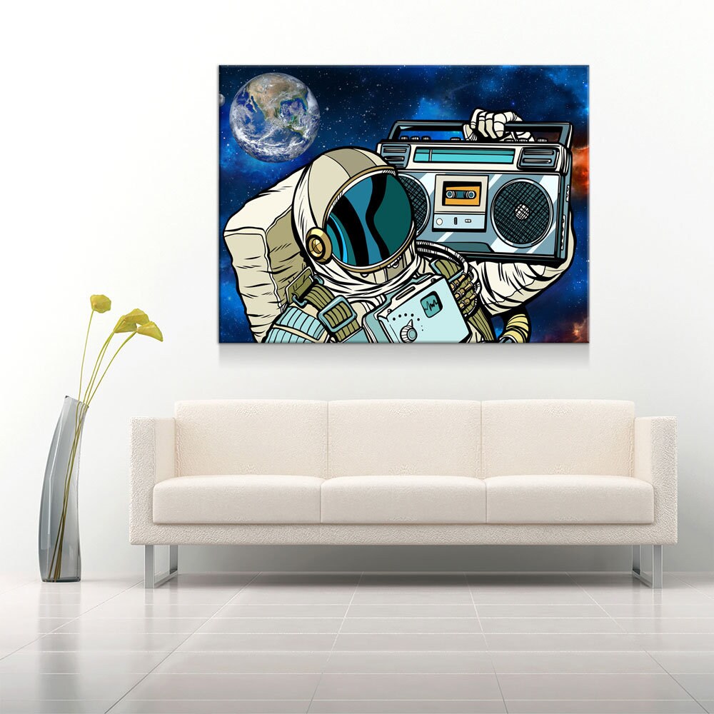Spaceman Galaxy Jam Canvas Wall Art, Space Walk, Galaxy Jam, Retro Tape Player, Man Cave Decor, Dorm Decor, Retro Decor Gallery Wrap