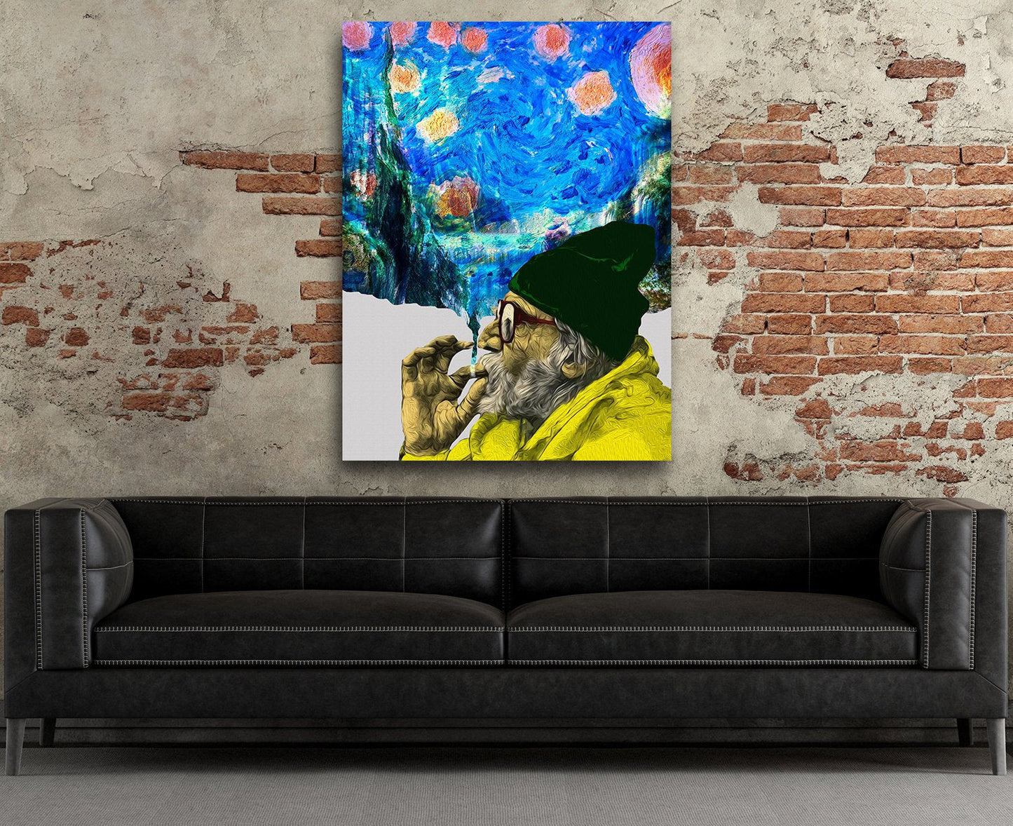 Smokin Man Starry Night Canvas Wall Art, Cannabis Man, Smoking dreams Abstract Art, Abstract Home Decor