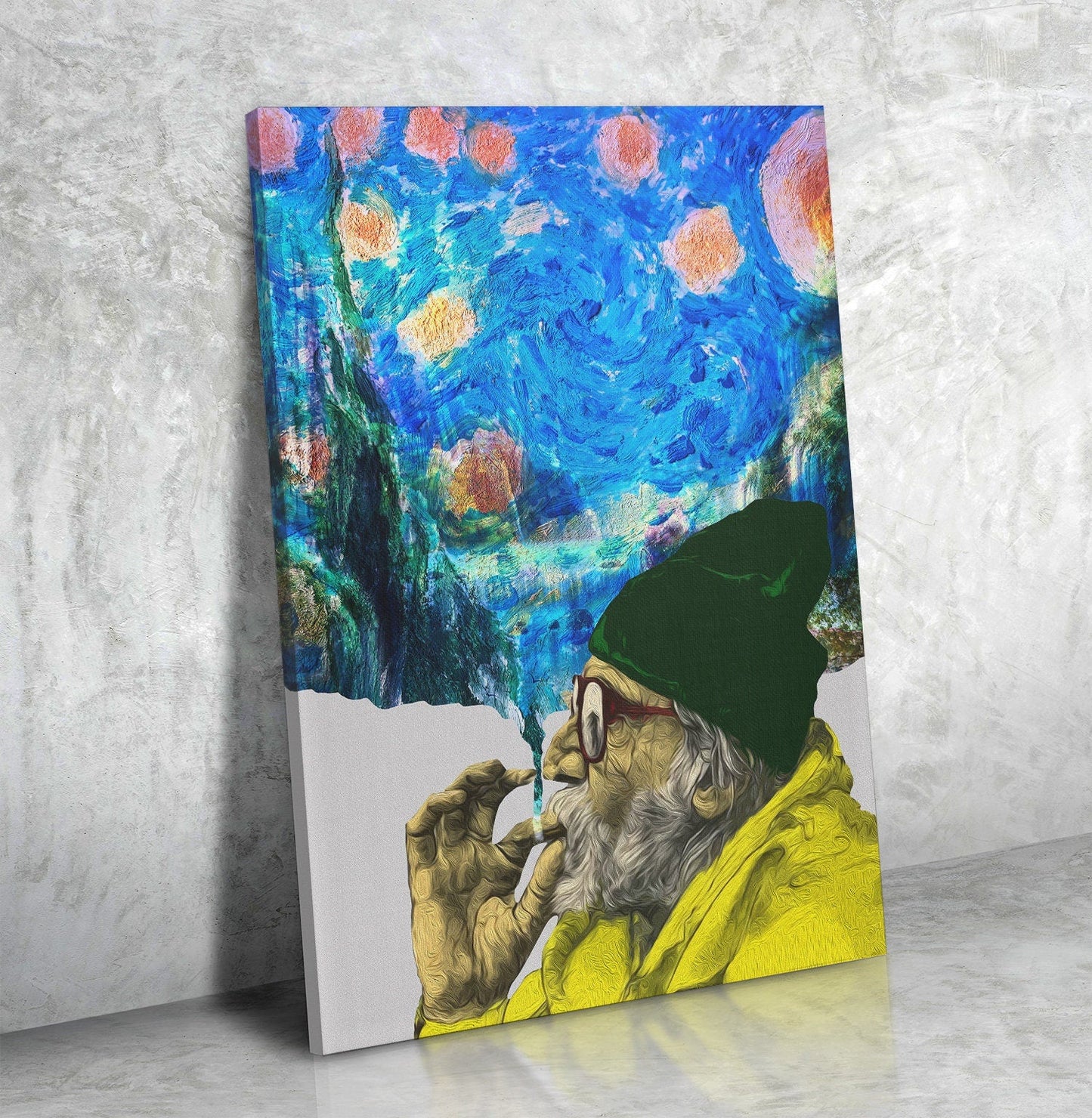 Smokin Man Starry Night Canvas Wall Art, Cannabis Man, Smoking dreams Abstract Art, Abstract Home Decor Gallery Wrap