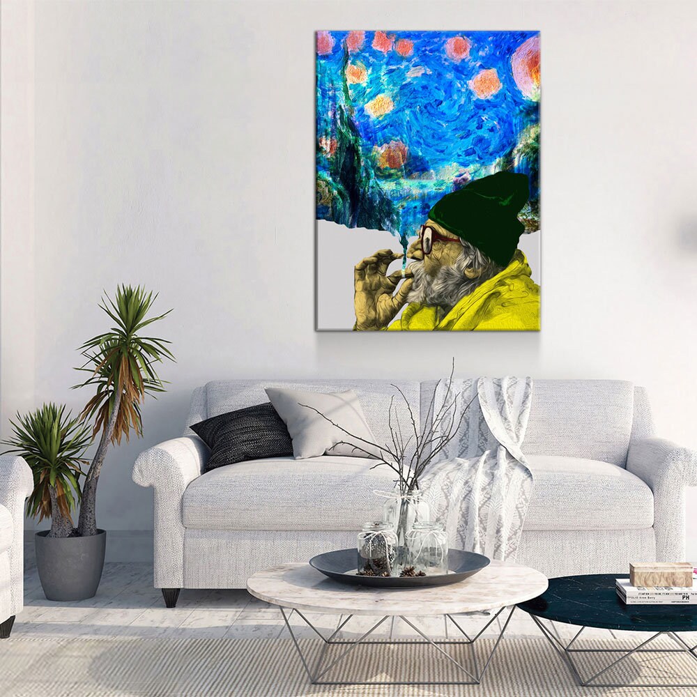 Smokin Man Starry Night Canvas Wall Art, Cannabis Man, Smoking dreams Abstract Art, Abstract Home Decor
