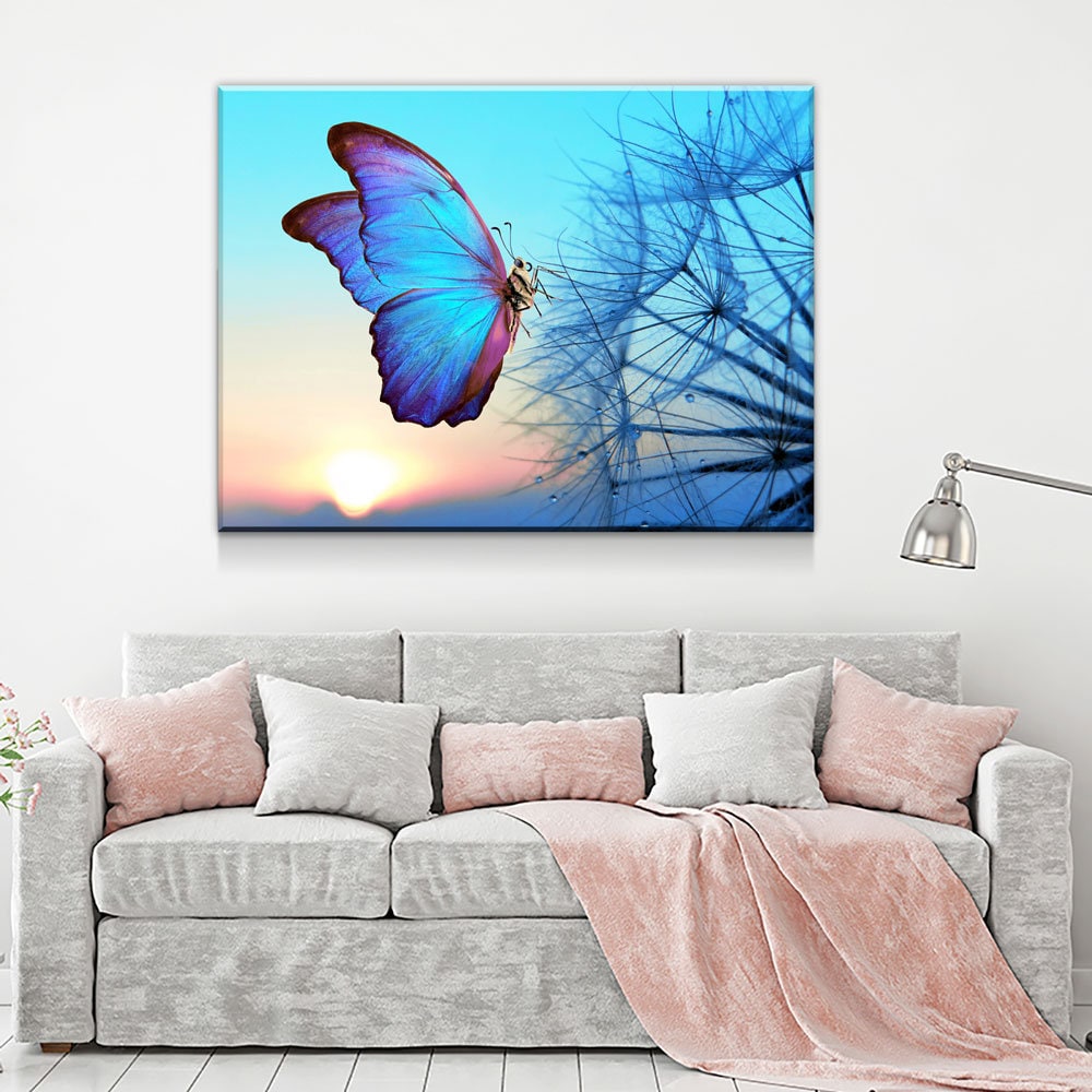 Blue Butterfly Canvas Wall Art, Butterfly Decor, Dandelion Canvas Wall art, Butterfly Sunset