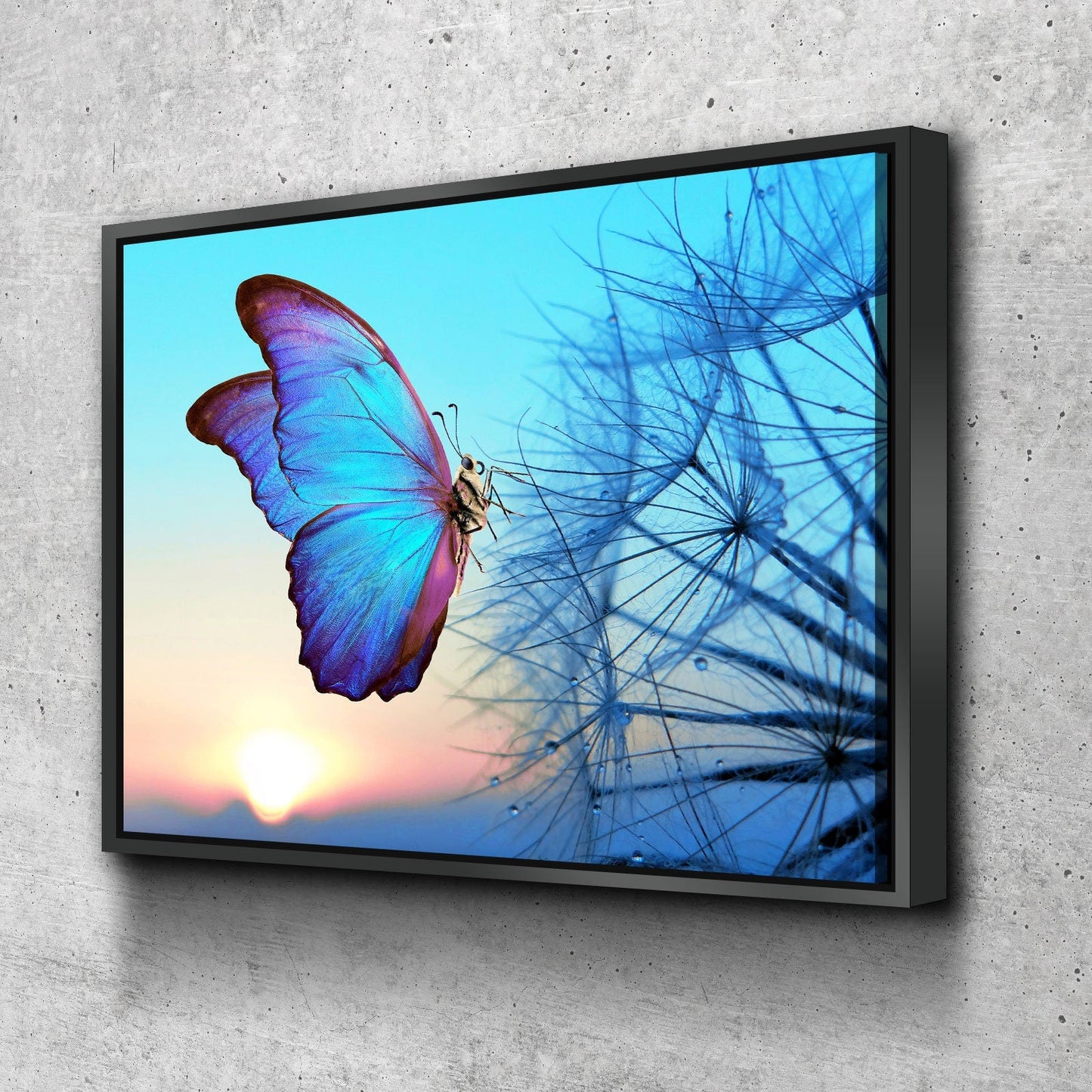 Blue Butterfly Canvas Wall Art, Butterfly Decor, Dandelion Canvas Wall art, Butterfly Sunset