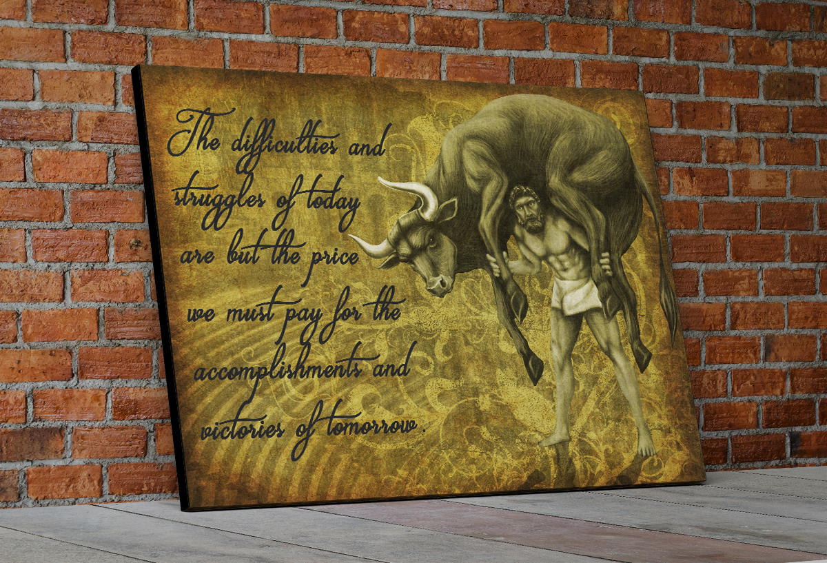Milo Of Croton Olympian Greek Culture Canvas Wall Art, Milo The Olympic Wrestler Quote On Canvas Black Wrap