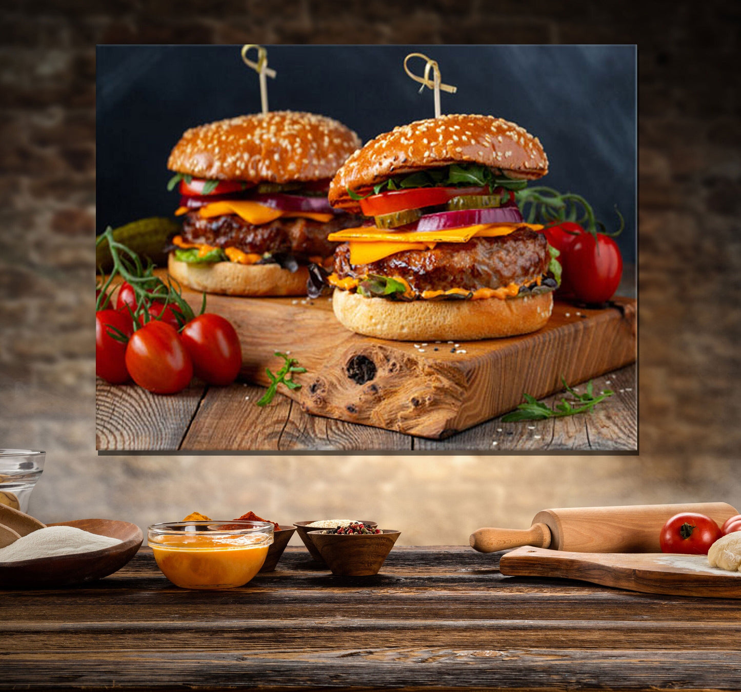 Juicy Cheeseburger Canvas Wall Art, Burger Joint Decor, Restaurant Decor, Diner Decor, Fresh Burger Art, Cheeseburger Art