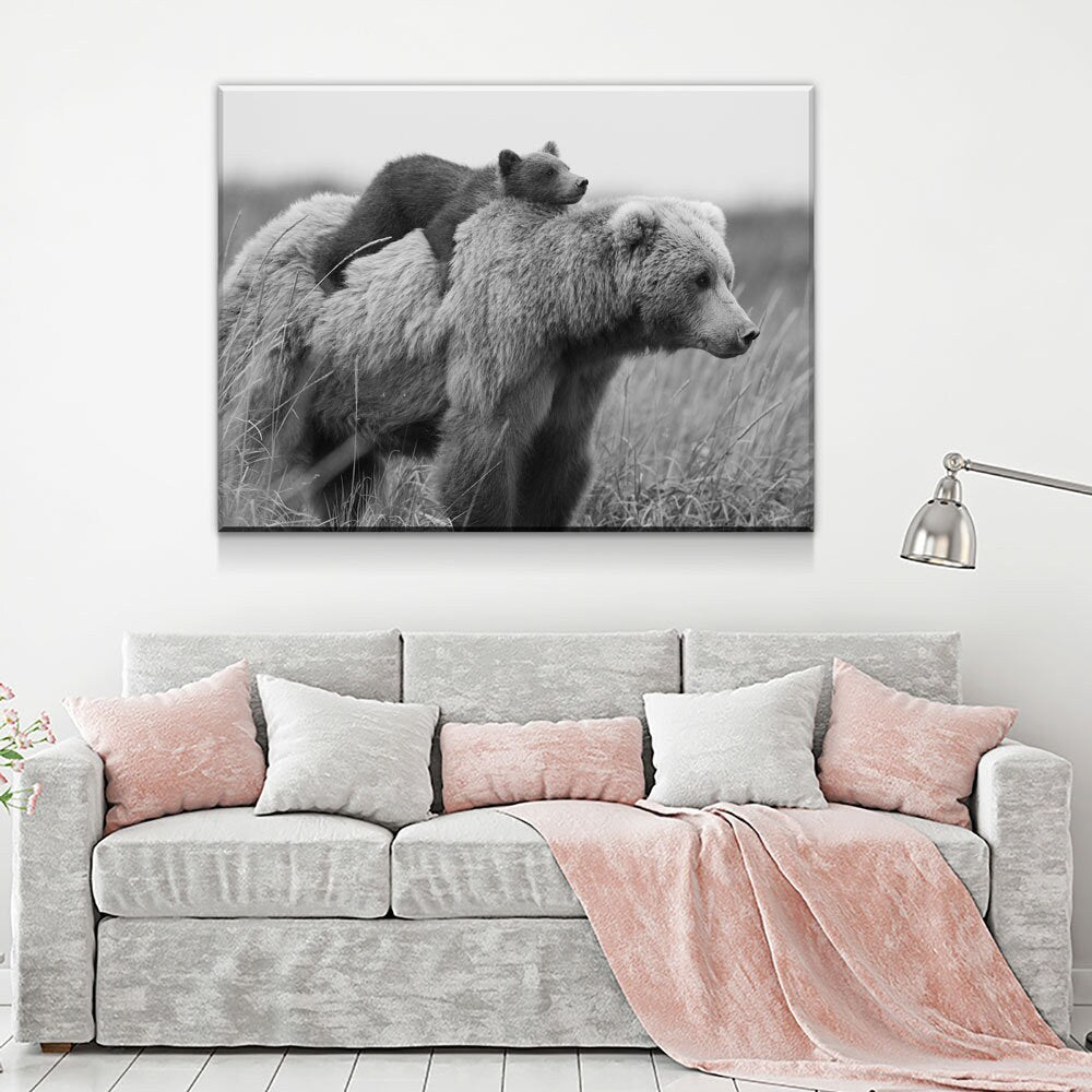 Bear & Cub Canvas Wall Art, Bear Cub And Momma Bear Decor, Wilderness, Wildlife, Nature Artwork, Grizzly Bear Gallery Wrap