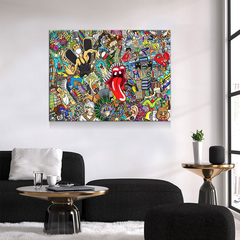 Graffiti Music Collage, Music Collage Canvas Wall Art, Abstract Decor, Hip Hop Music Art, Urban Music Art Gallery Wrap