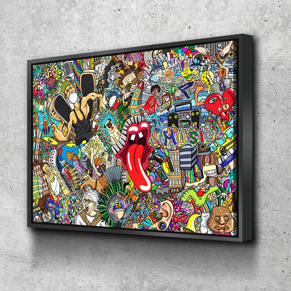 Graffiti Music Collage, Music Collage Canvas Wall Art, Abstract Decor, Hip Hop Music Art, Urban Music Art