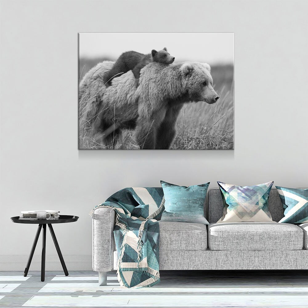 Bear & Cub Canvas Wall Art, Bear Cub And Momma Bear Decor, Wilderness, Wildlife, Nature Artwork, Grizzly Bear