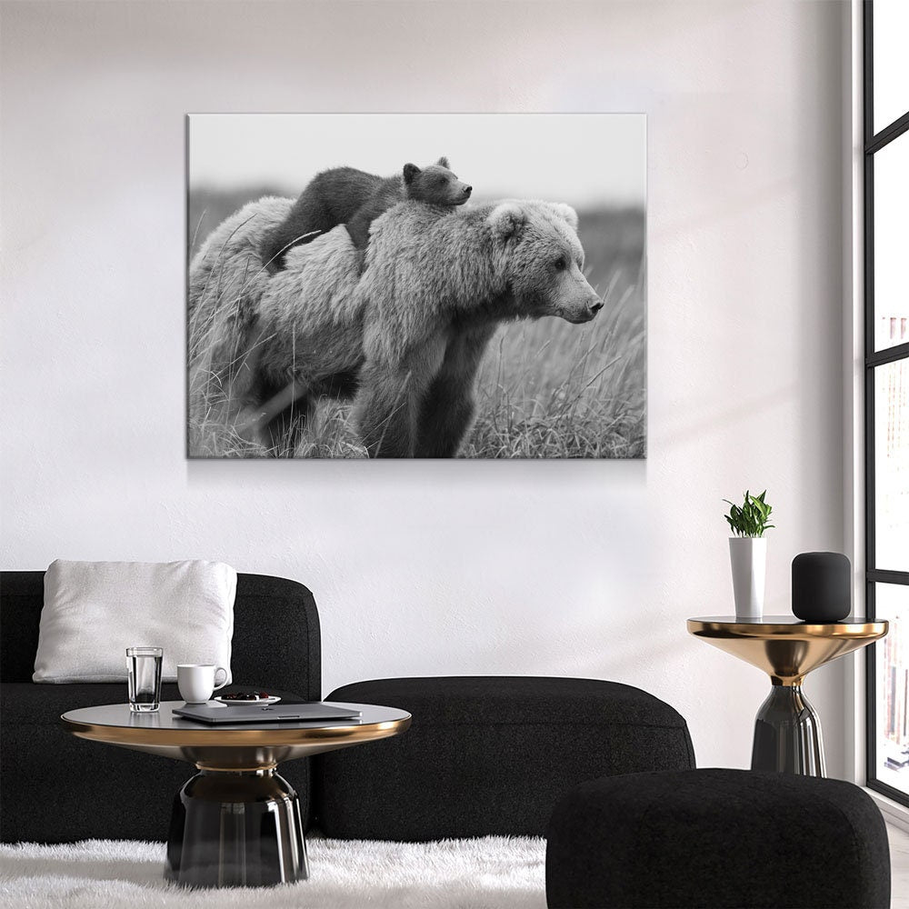 Bear & Cub Canvas Wall Art, Bear Cub And Momma Bear Decor, Wilderness, Wildlife, Nature Artwork, Grizzly Bear
