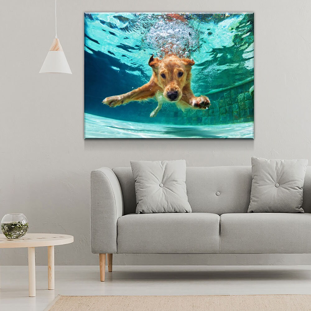 Golden Labrador Retriever Canvas Wall Art, Diving Under Water, Swimming Pool, Dog Gift, Golden Lab Print, Dog In Water
