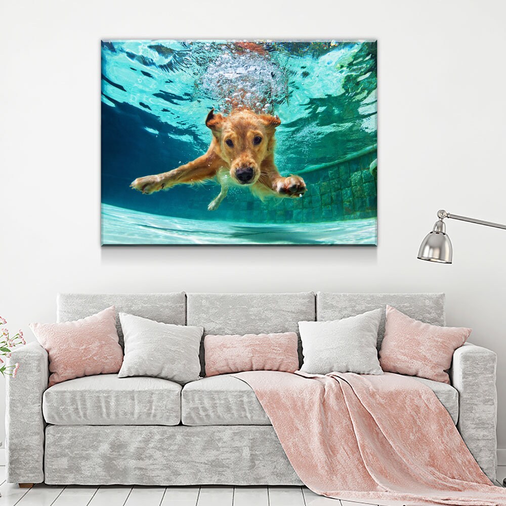 Golden Labrador Retriever Canvas Wall Art, Diving Under Water, Swimming Pool, Dog Gift, Golden Lab Print, Dog In Water Gallery Wrap