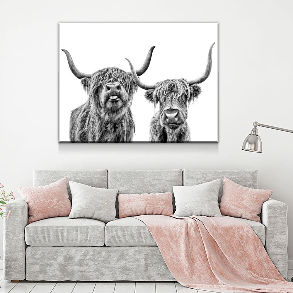 Highland Cows Canvas Wall Art, Ranch Art, Farmhouse Decor, Black White Print, Scottish Cows, Scottish Highlanders, Rustic Wall Decor