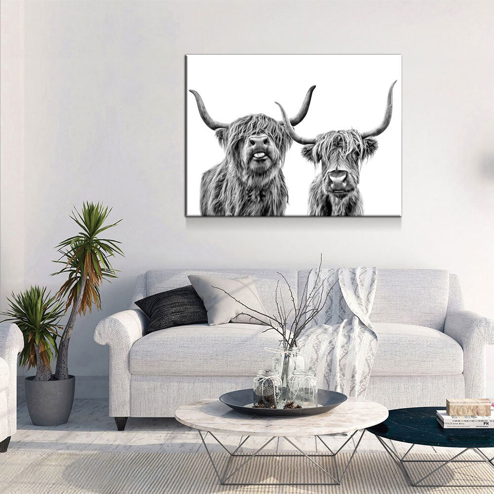 Highland Cows Canvas Wall Art, Ranch Art, Farmhouse Decor, Black White Print, Scottish Cows, Scottish Highlanders, Rustic Wall Decor