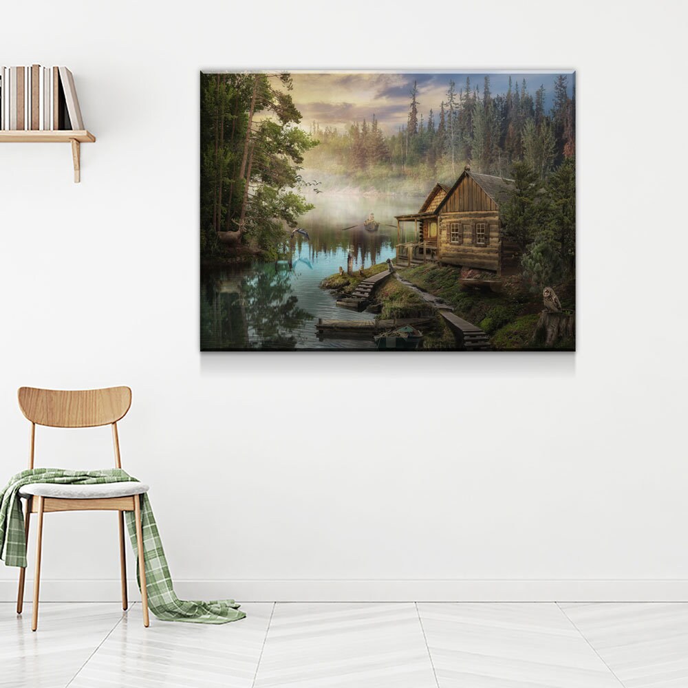 Cabin On The Lake Canvas Wall Art, Forest Cabin, Deer, Owl Decor, Hiking, Fishing Decor, Cabin Decor, Wilderness Decor