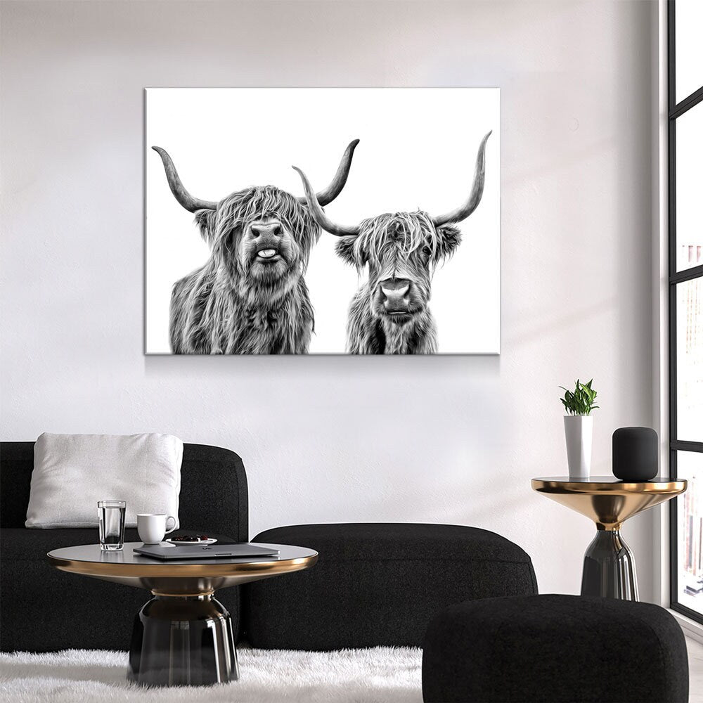 Highland Cows Canvas Wall Art, Ranch Art, Farmhouse Decor, Black White Print, Scottish Cows, Scottish Highlanders, Rustic Wall Decor Gallery Wrap