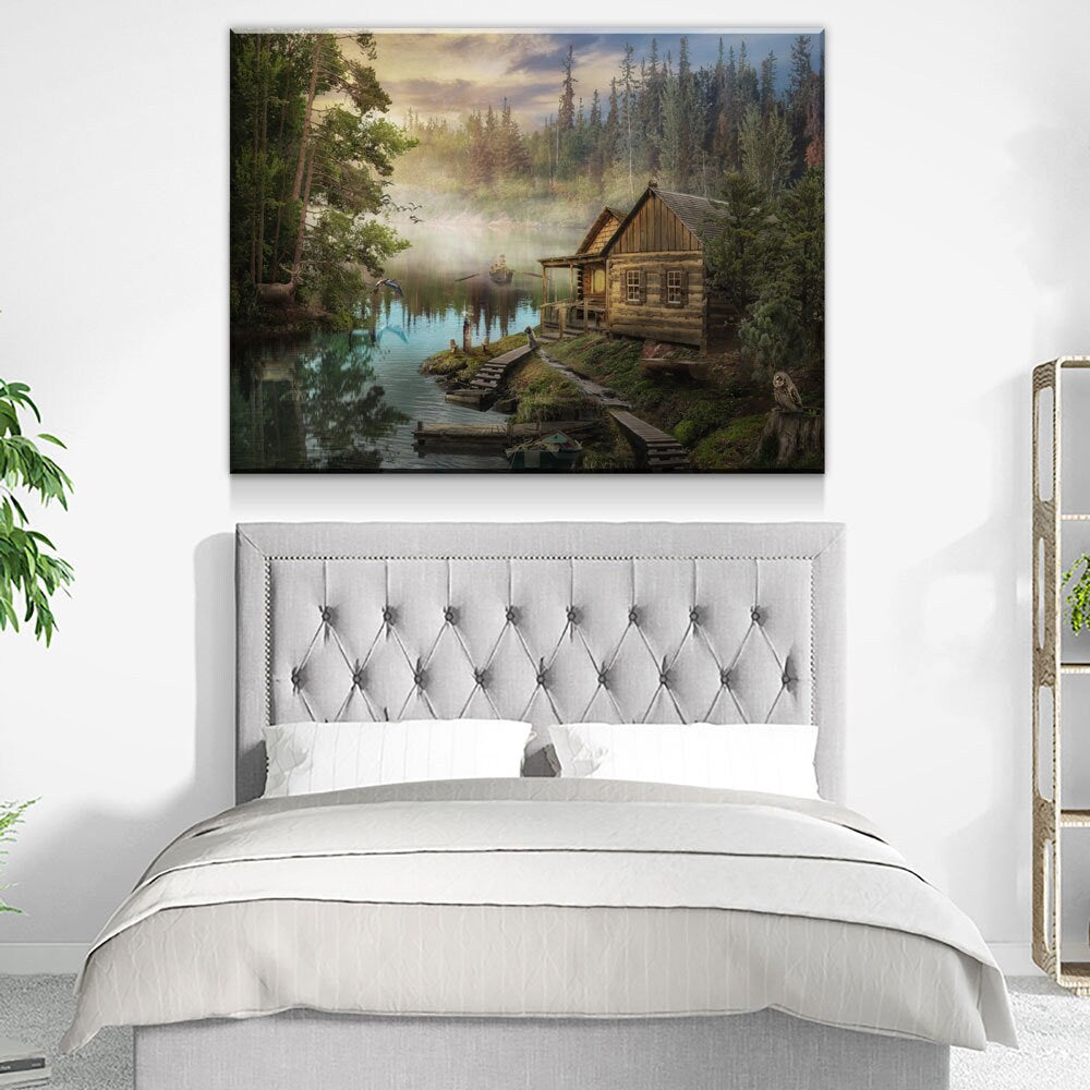 Cabin On The Lake Canvas Wall Art, Forest Cabin, Deer, Owl Decor, Hiking, Fishing Decor, Cabin Decor, Wilderness Decor