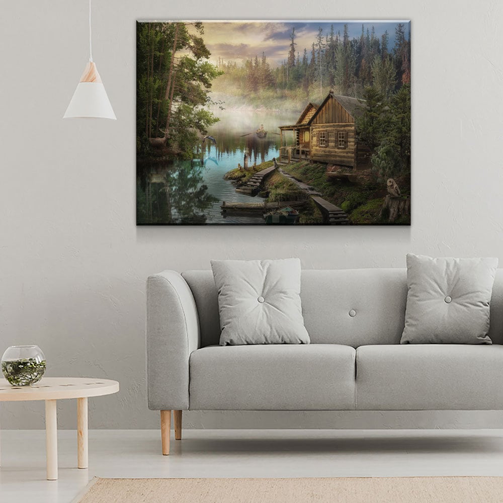 Cabin On The Lake Canvas Wall Art, Forest Cabin, Deer, Owl Decor, Hiking, Fishing Decor, Cabin Decor, Wilderness Decor