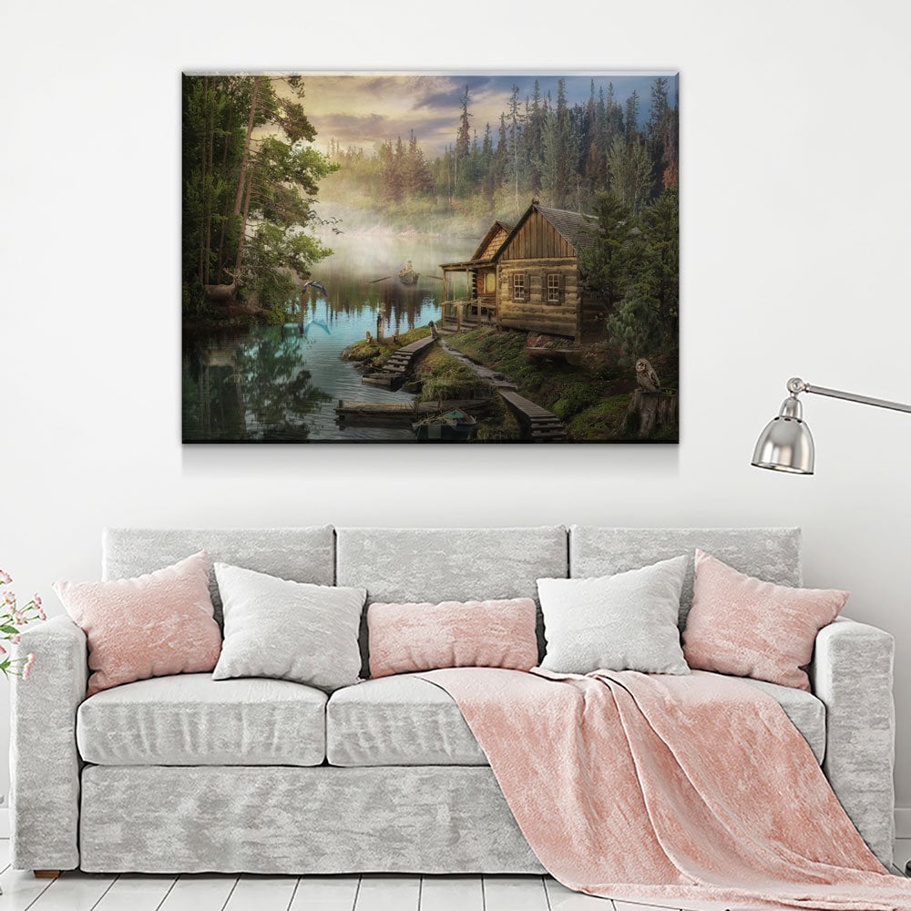 Cabin On The Lake Canvas Wall Art, Forest Cabin, Deer, Owl Decor, Hiking, Fishing Decor, Cabin Decor, Wilderness Decor Gallery Wrap