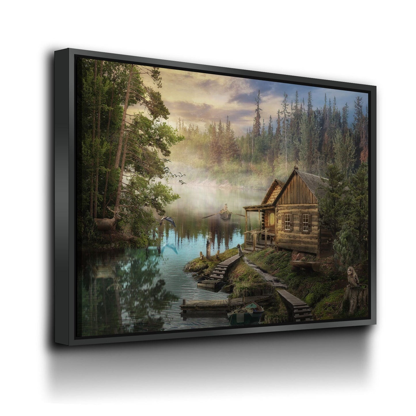 Cabin On The Lake Canvas Wall Art, Forest Cabin, Deer, Owl Decor, Hiking, Fishing Decor, Cabin Decor, Wilderness Decor