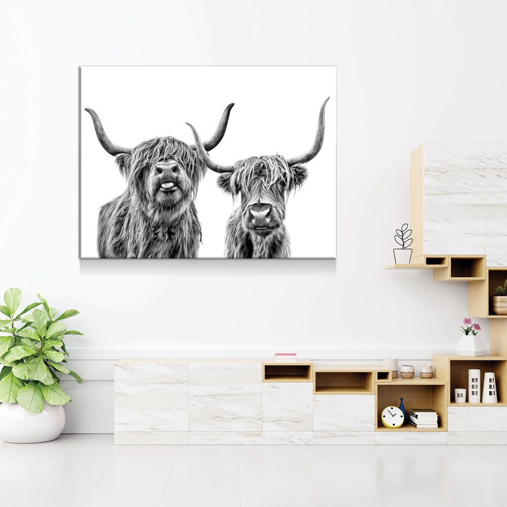 Highland Cows Canvas Wall Art, Ranch Art, Farmhouse Decor, Black White Print, Scottish Cows, Scottish Highlanders, Rustic Wall Decor