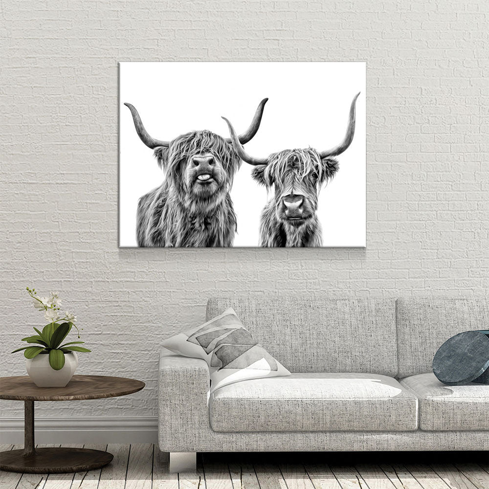 Highland Cows Canvas Wall Art, Ranch Art, Farmhouse Decor, Black White Print, Scottish Cows, Scottish Highlanders, Rustic Wall Decor