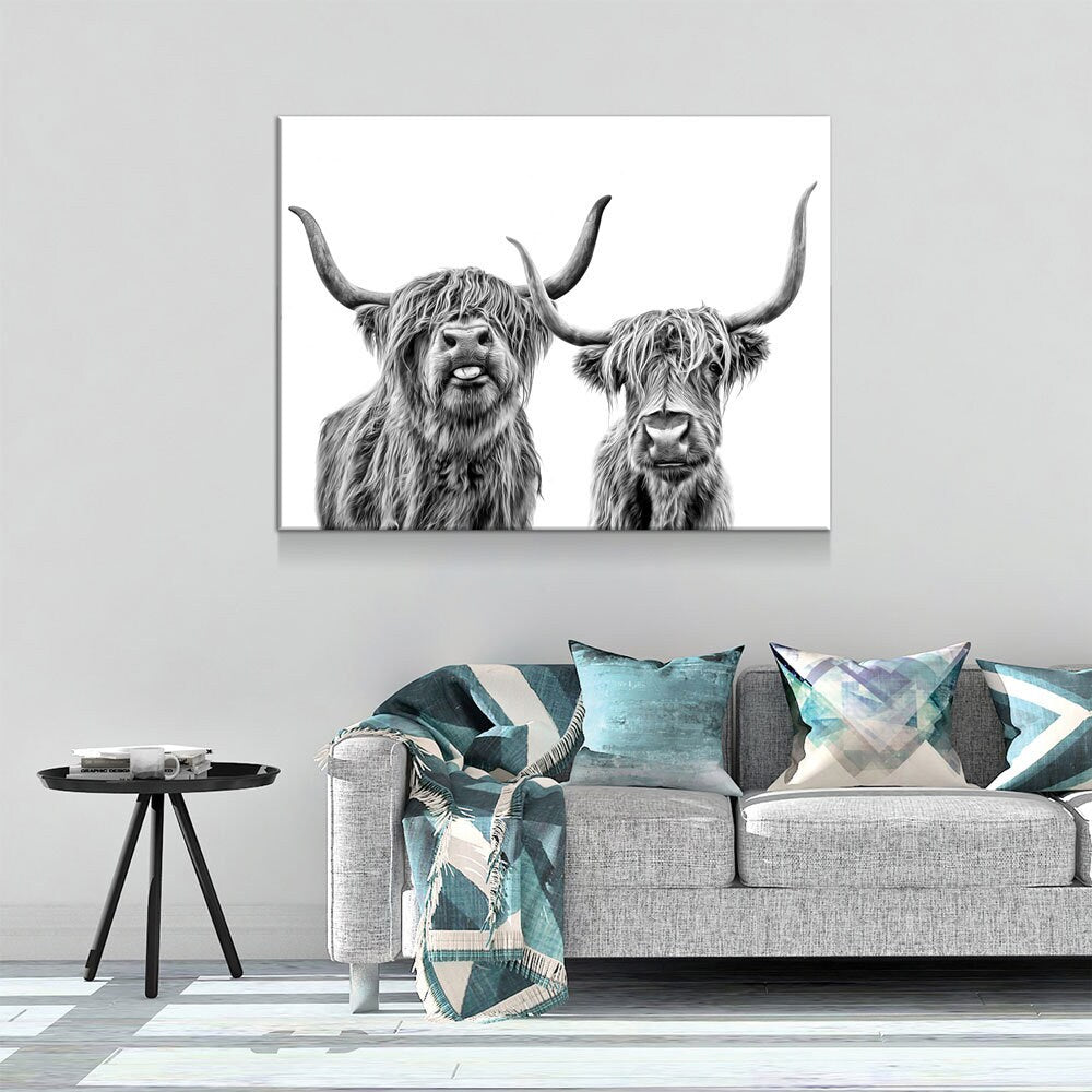 Highland Cows Canvas Wall Art, Ranch Art, Farmhouse Decor, Black White Print, Scottish Cows, Scottish Highlanders, Rustic Wall Decor