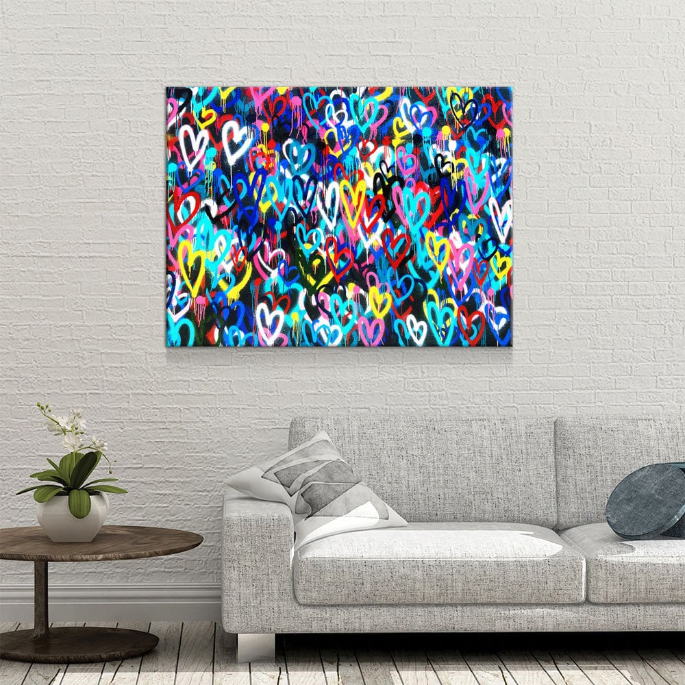 Love Hearts Graffiti Canvas Wall Art, Banksy Print, Graffiti Wall Art, Abstract Decor, Graffiti Decor Gallery Wrap