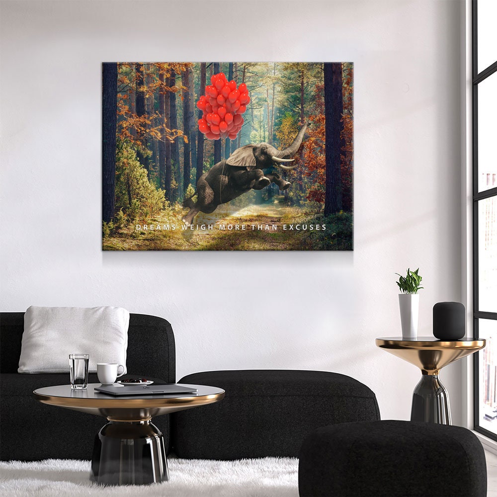 Dreams Weigh More Than Excuses Canvas Wall Art, Motivational Decor, Inspirational Decor, Office Decor, Elephant Balloons Gallery Wrap