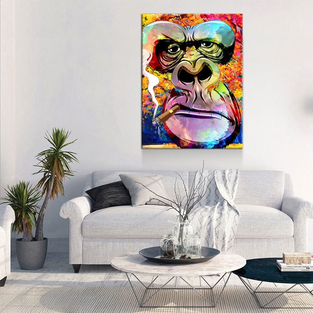 Gorilla Smoking Canvas Wall Art, Abstract Gorilla Art, Smoking Gorilla, Animal Print, Gorilla Smoking Cigar Gallery Wrap