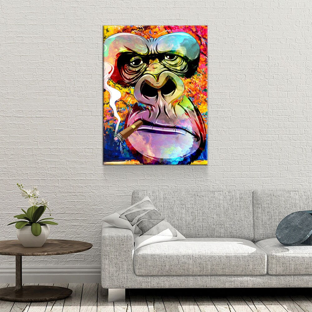 Gorilla Smoking Canvas Wall Art, Abstract Gorilla Art, Smoking Gorilla, Animal Print, Gorilla Smoking Cigar