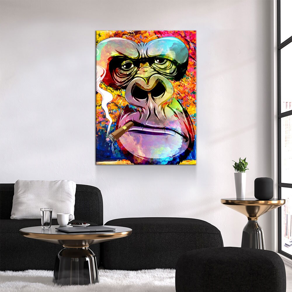 Gorilla Smoking Canvas Wall Art, Abstract Gorilla Art, Smoking Gorilla, Animal Print, Gorilla Smoking Cigar