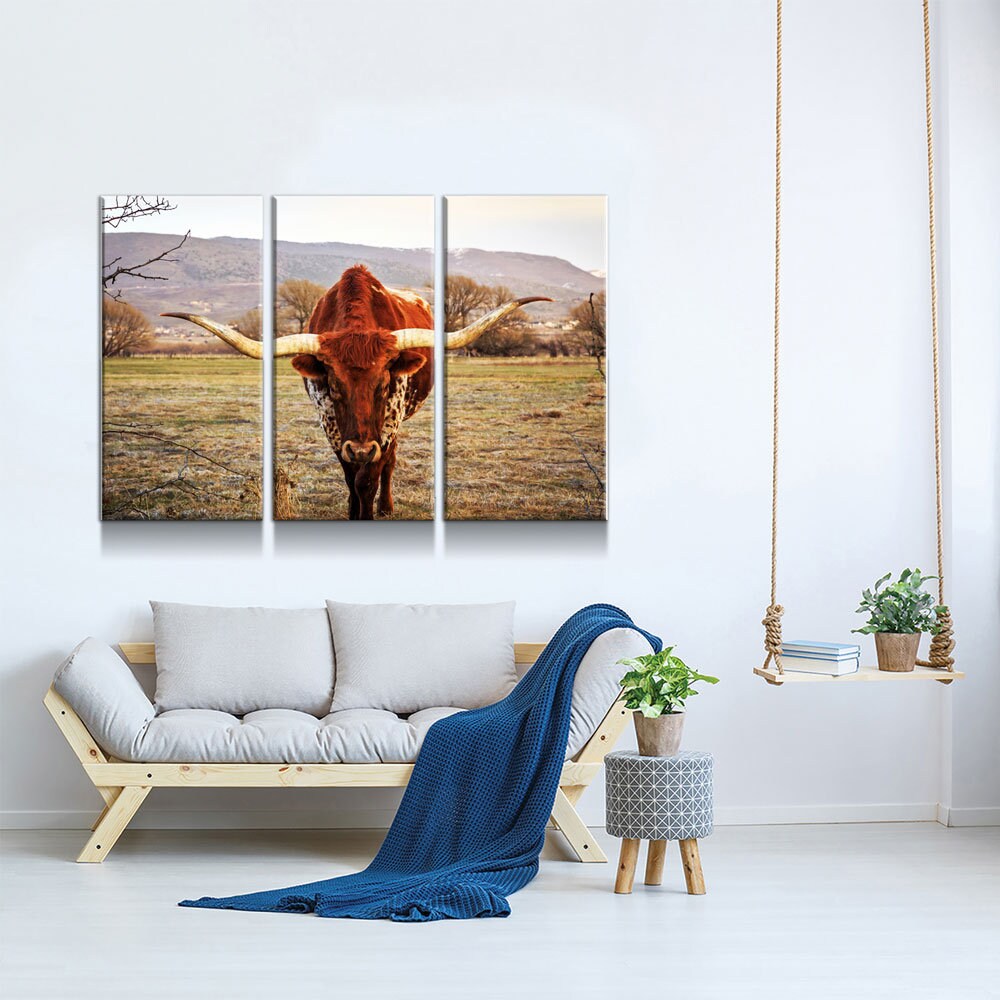 Texas Longhorn Canvas Wall Art, Ranch Art, XL Wall Art, Ranch Style Home Decor, 3 Piece Wall Art, 5 Piece Wall Art, Extra Large Wall art