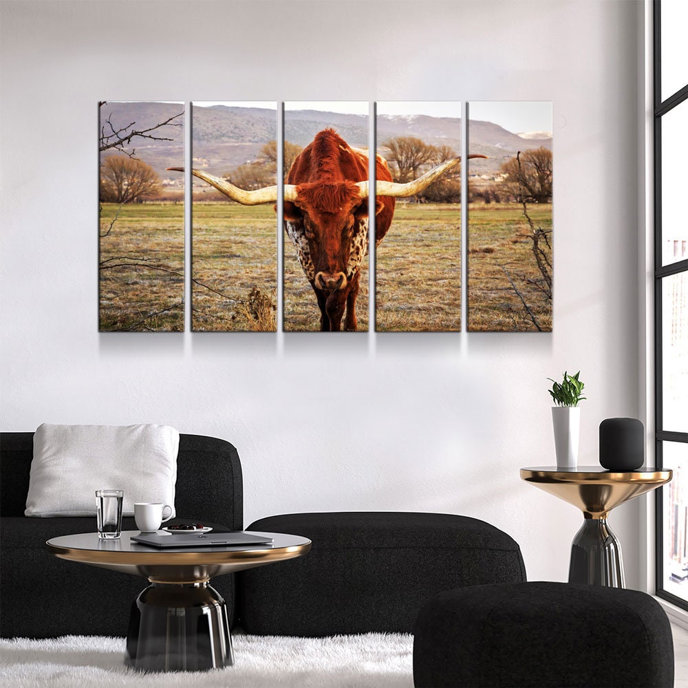 Texas Longhorn Canvas Wall Art, Ranch Art, XL Wall Art, Ranch Style Home Decor, 3 Piece Wall Art, 5 Piece Wall Art, Extra Large Wall art