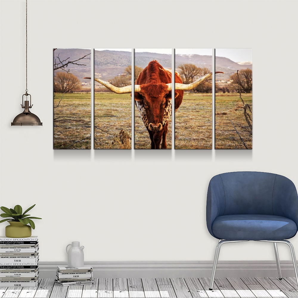 Texas Longhorn Canvas Wall Art, Ranch Art, XL Wall Art, Ranch Style Home Decor, 3 Piece Wall Art, 5 Piece Wall Art, Extra Large Wall art