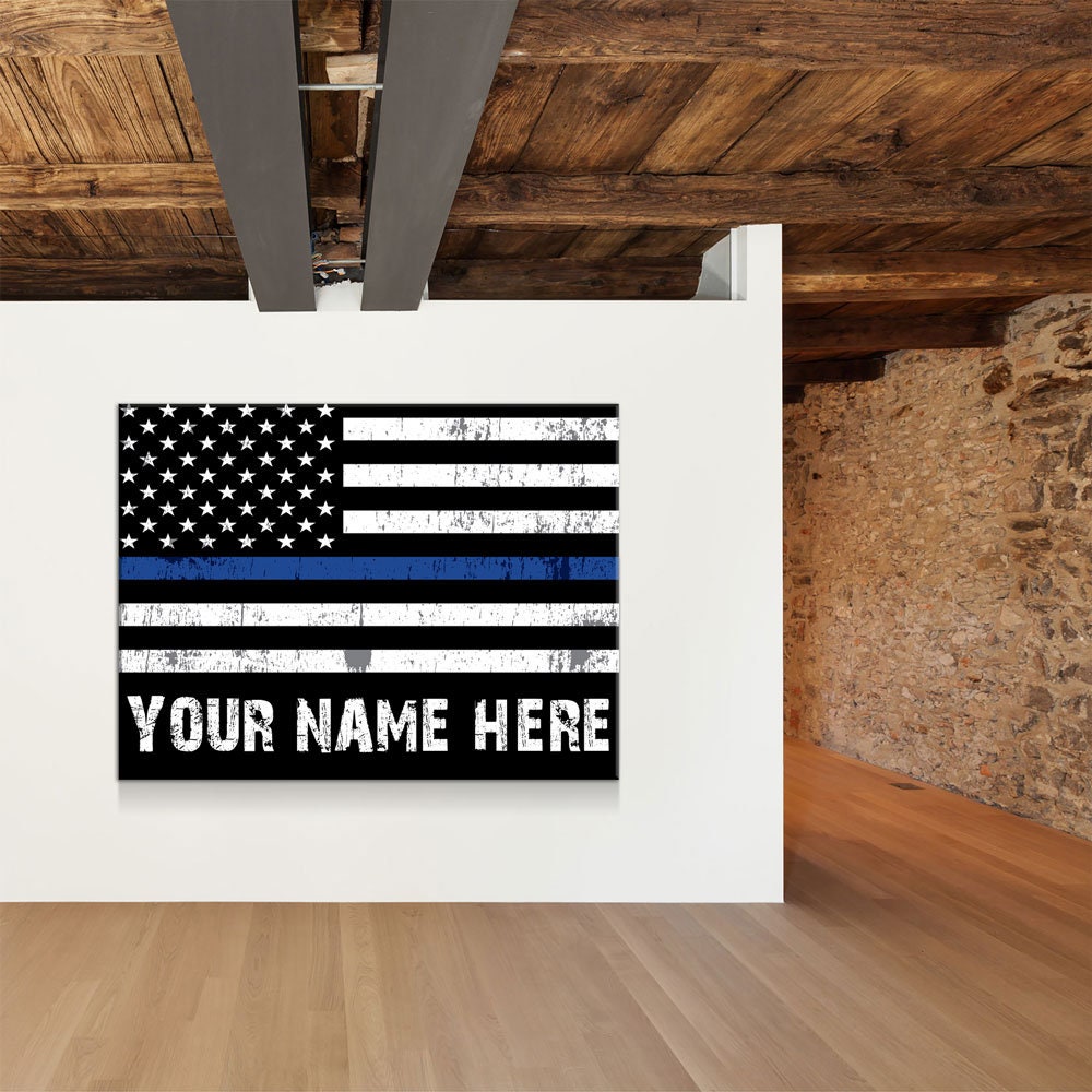 Personalized Thin Blue Line Flag Canvas Wall Art, Custom Wall Art Thin Blue Line, Police Officer Wall Art, LEO, Law Enforcement Officers