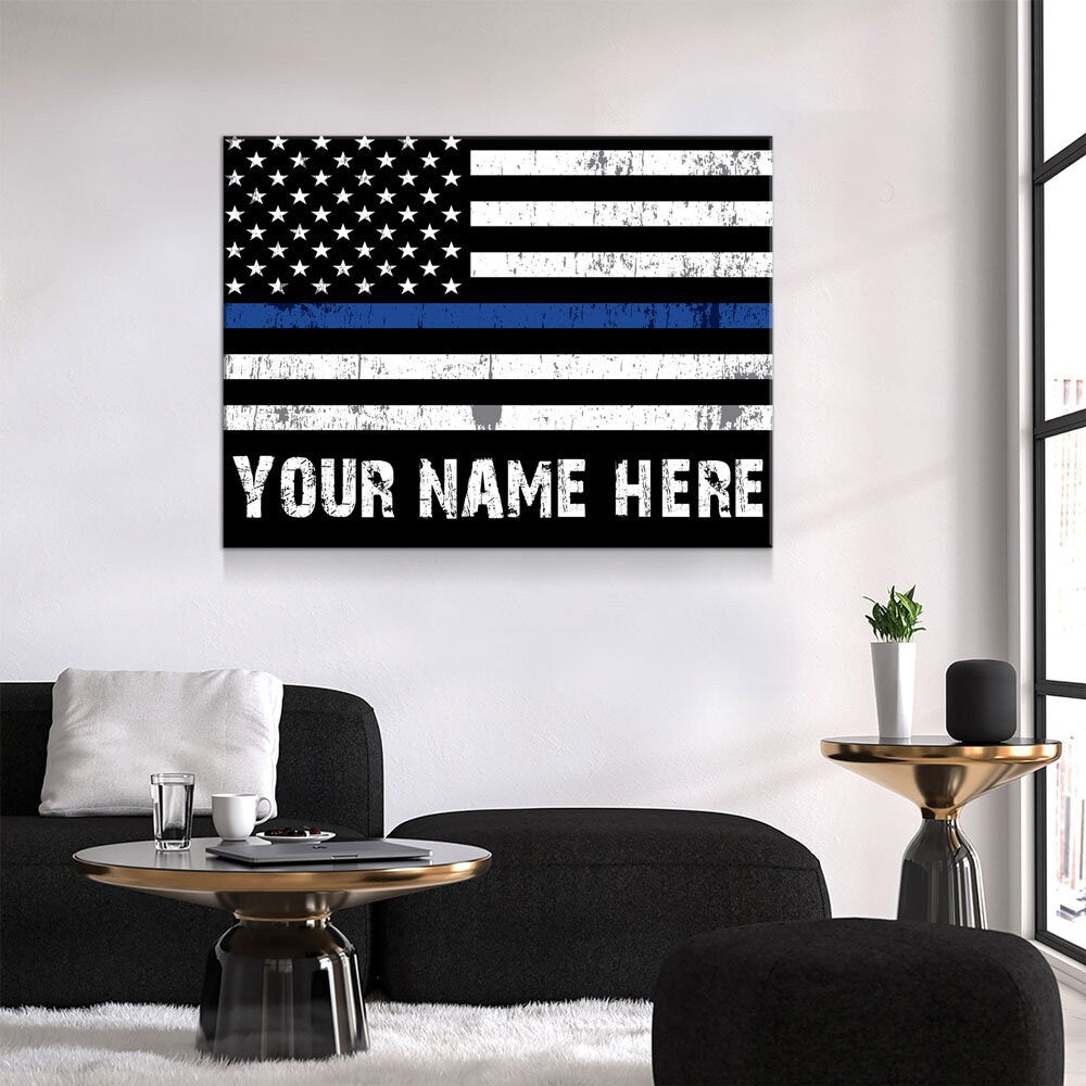 Personalized Thin Blue Line Flag Canvas Wall Art, Custom Wall Art Thin Blue Line, Police Officer Wall Art, LEO, Law Enforcement Officers