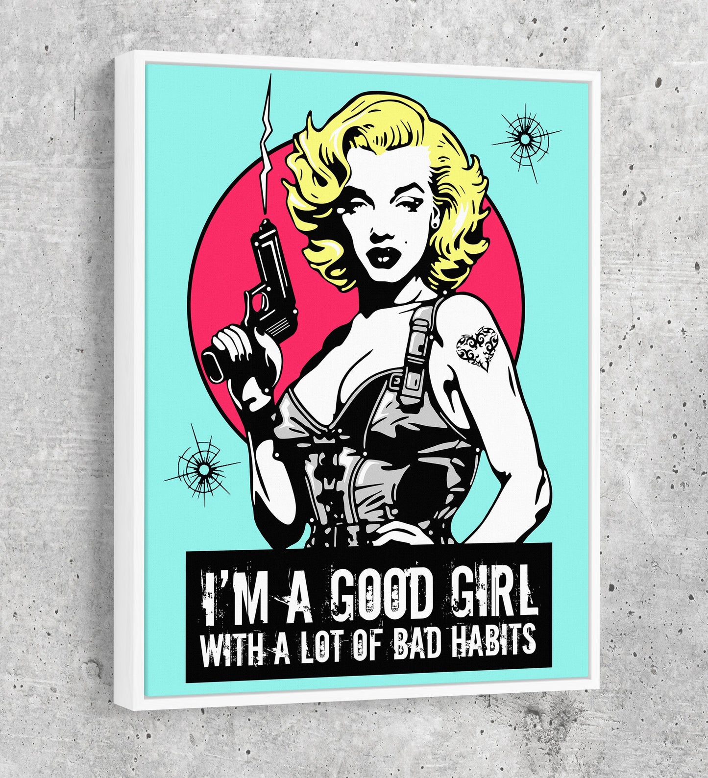 Marilyn Gangsta Canvas Wall Art, I'm A Good Girl With A Lot Of Bad Habits, Marilyn Monroe Comic Style Art, Marilyn Monroe Decor White Floating Frame
