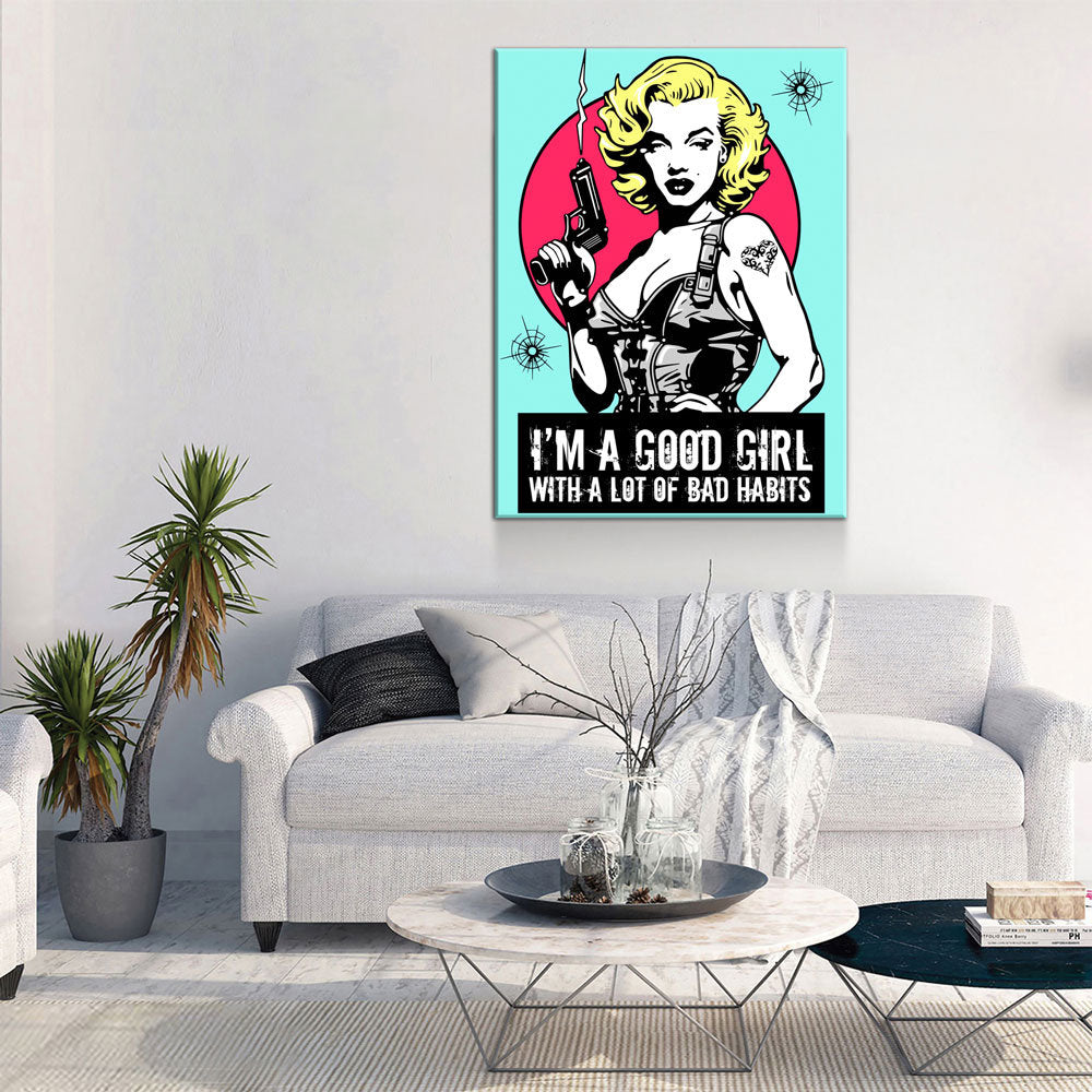 Marilyn Gangsta Canvas Wall Art, I'm A Good Girl With A Lot Of Bad Habits, Marilyn Monroe Comic Style Art, Marilyn Monroe Decor