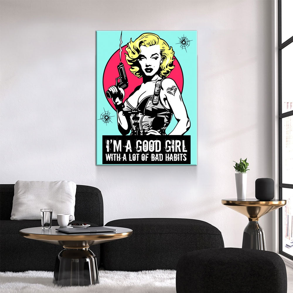 Marilyn Gangsta Canvas Wall Art, I'm A Good Girl With A Lot Of Bad Habits, Marilyn Monroe Comic Style Art, Marilyn Monroe Decor Gallery Wrap