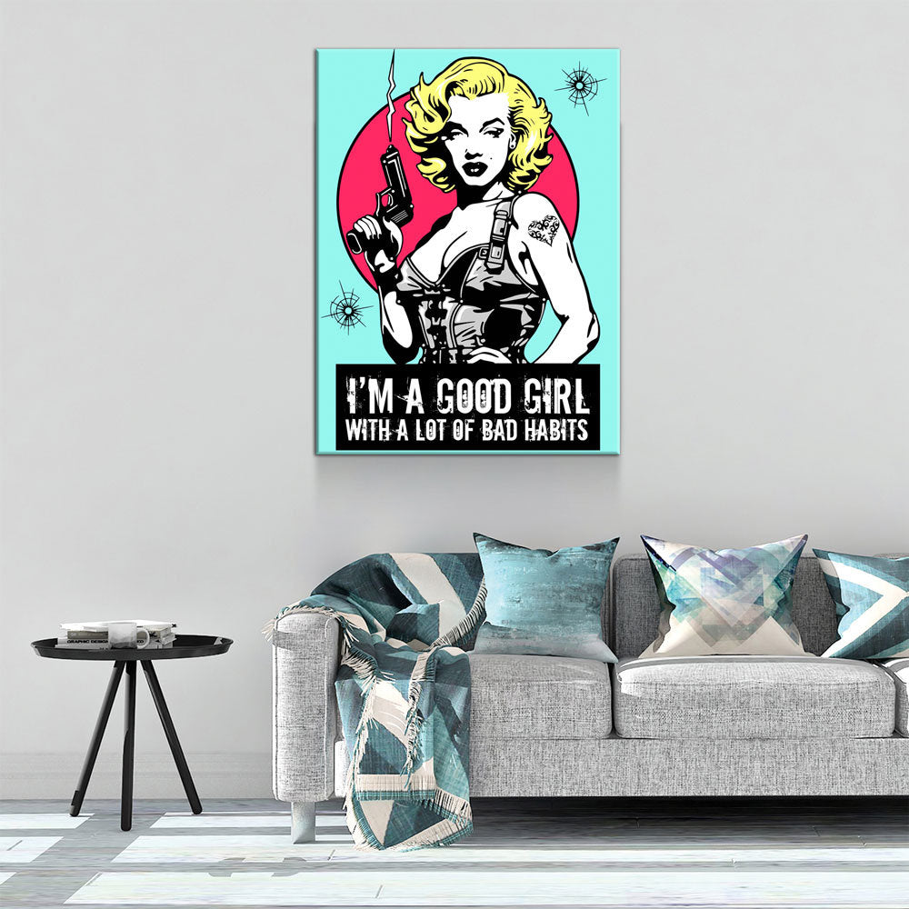 Marilyn Gangsta Canvas Wall Art, I'm A Good Girl With A Lot Of Bad Habits, Marilyn Monroe Comic Style Art, Marilyn Monroe Decor