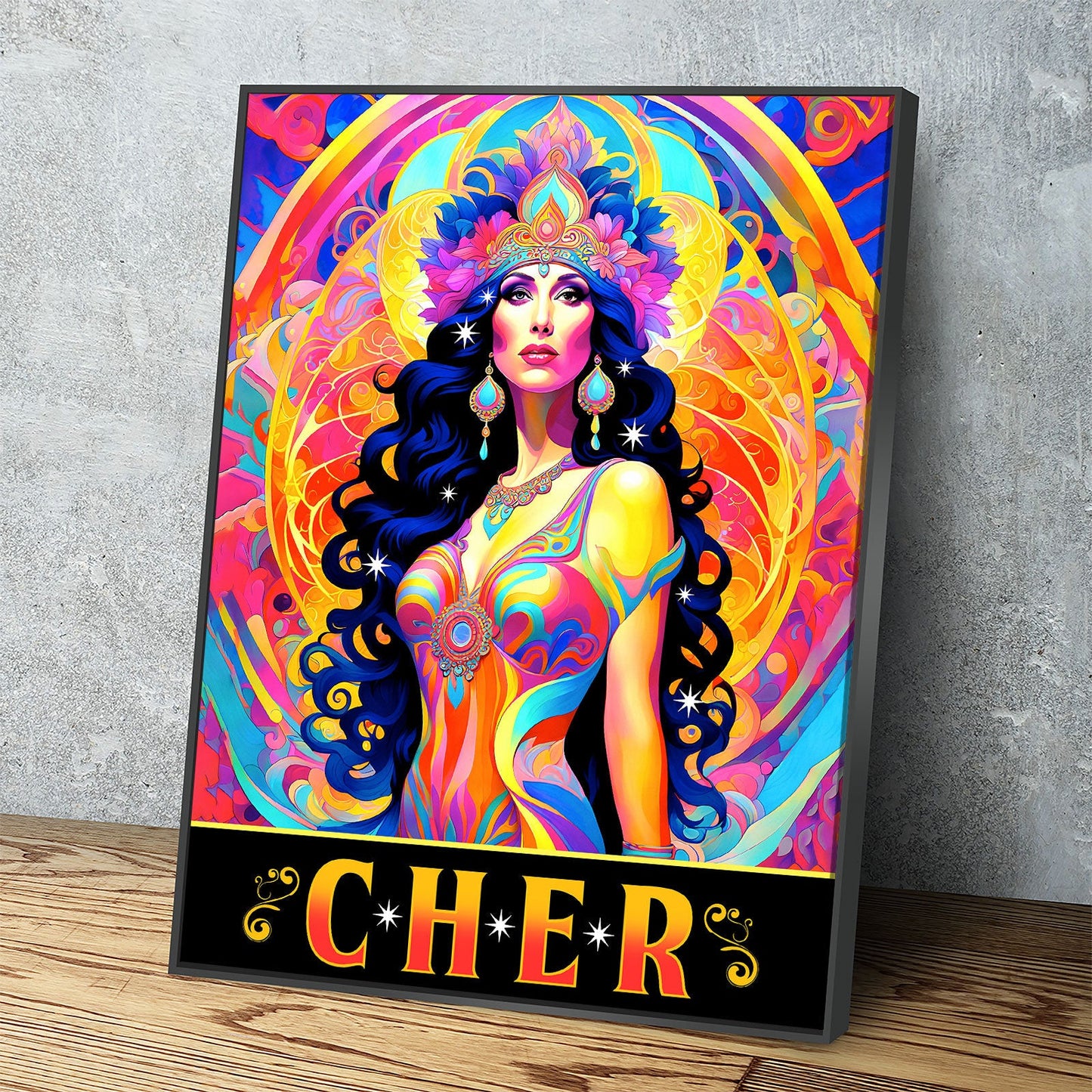 Cher Legend Canvas Wall Art, Abstract Cher, Music Decor, Goddess of Pop Decor, Cher Print, Cher Music Art Black Floating Frame