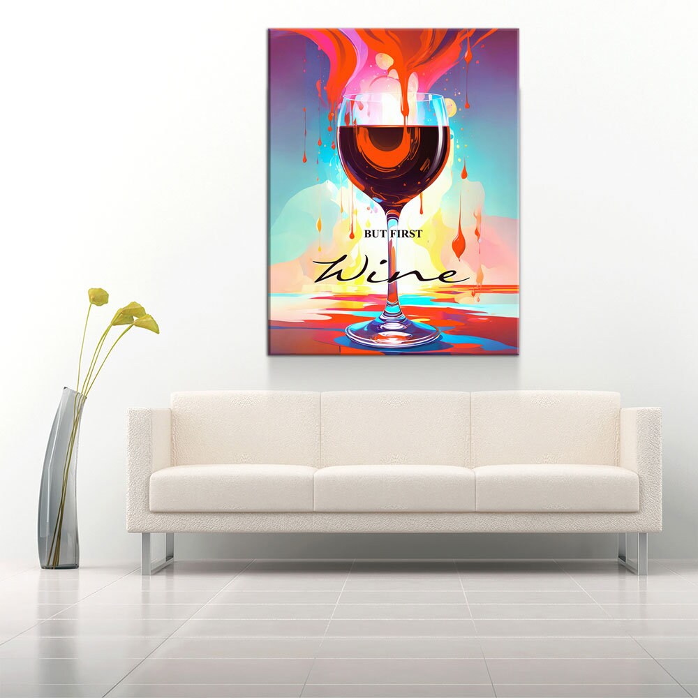 But First Wine Canvas Wall Art, Abstract Wine Print, Wine Decor, Wine Decor, Vibrant Wine Art, Wine Kitchen Decor, Wine Lovers Gift