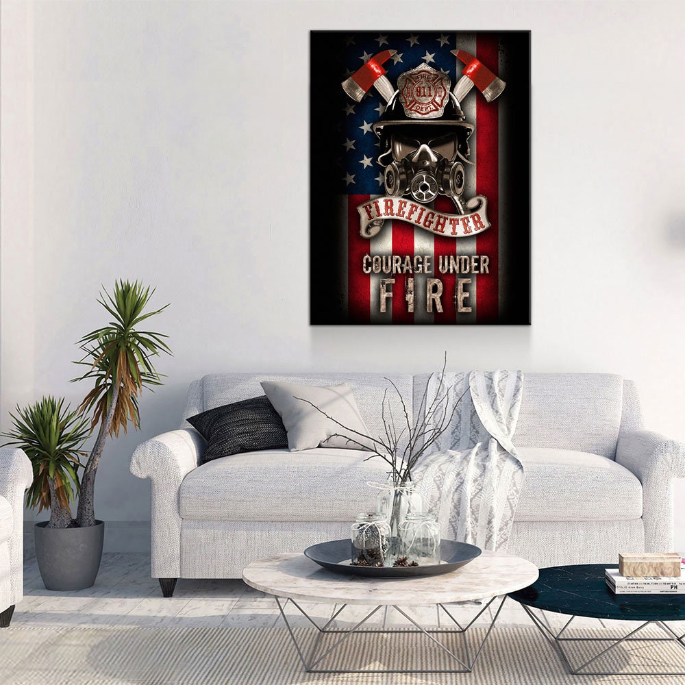 Firefighter Canvas Wall Art, Courage Under Fire Firefighter Decor, Thin Red Line Print, Firefighters Gift, Firehouse Art, Fire Station Decor Gallery Wrap